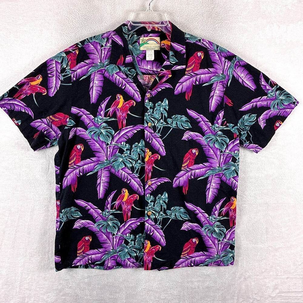 VTG Paradise Found Hawaiian Shirt Men XL Black Purple Palms Parrot Magnum PI USA